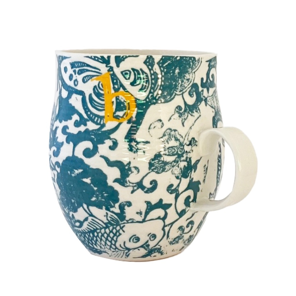 Anthropologie Homegrown Letter b Monogram Mug Green Floral Yellow Initial B NEW
